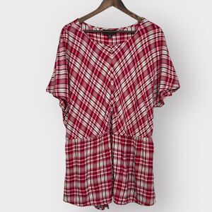 Lane Bryant Blouse Top Women 24 Red Plaid‎ Defined Waist Rayon Belted G80